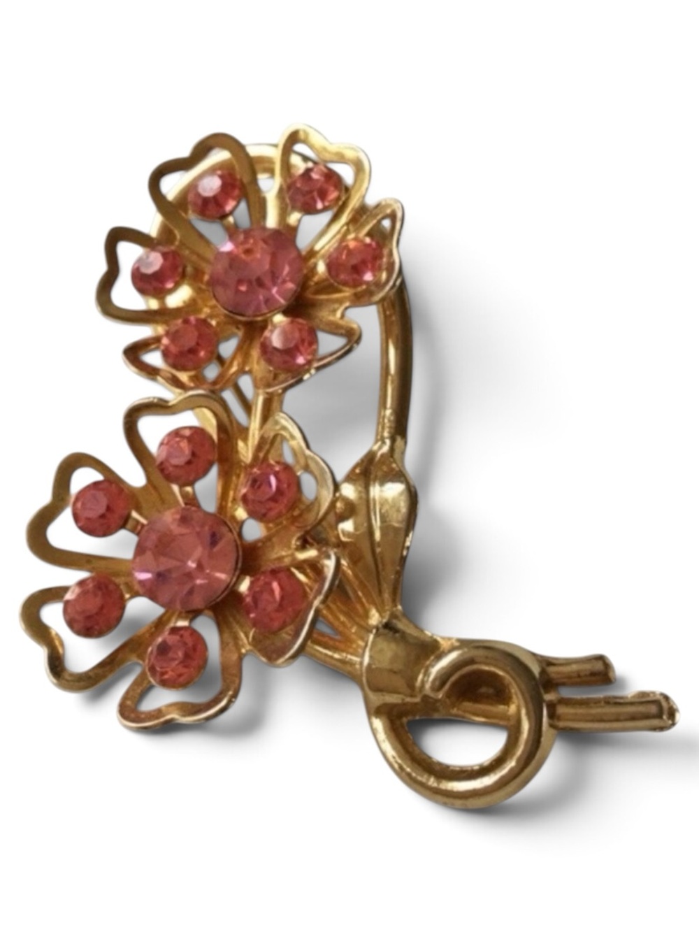 Vintage CORO Double Floral Brooch – 1950s Gold‑Tone, Rare Pink Rhinestones - Picture 4 of 12